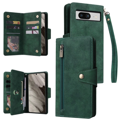 Google Pixel 8 Rivet Buckle 9 Cards Three Fold Leather Phone Case - Green