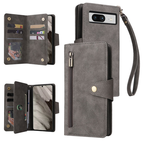 Google Pixel 8 Rivet Buckle 9 Cards Three Fold Leather Phone Case - Grey