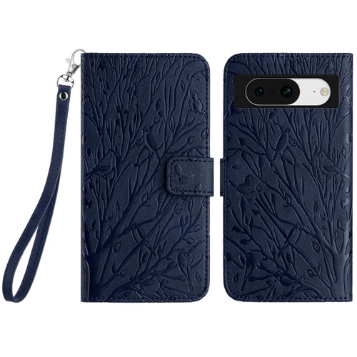 Google Pixel 8 Tree Birds Embossed Pattern Leather Phone Case - Blue