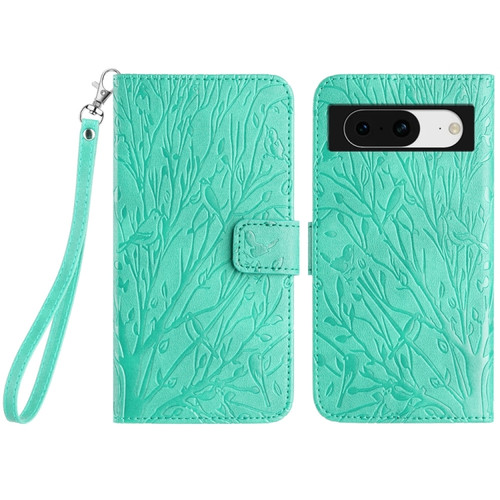 Google Pixel 8 Tree Birds Embossed Pattern Leather Phone Case - Green
