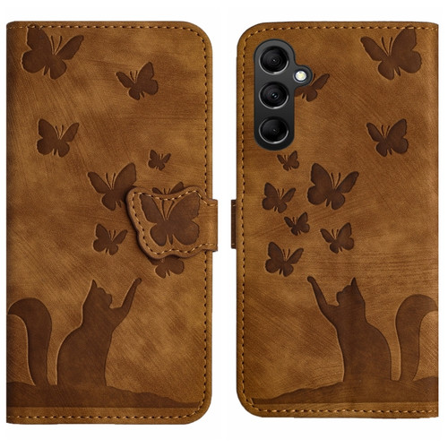 Samsung Galaxy A14 4G / 5G Butterfly Cat Embossing Flip Leather Phone Case - Brown