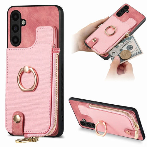 Samsung Galaxy A14 4G/5G Cross Leather Ring Vertical Zipper Wallet Back Phone Case - Pink