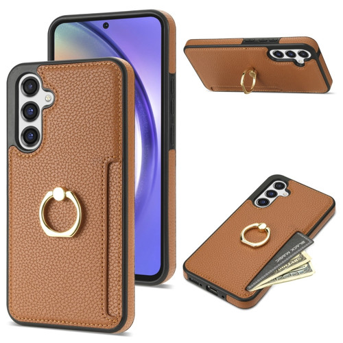 Samsung Galaxy A14 4G/5G Ring Card Litchi Leather Back Phone Case - Brown