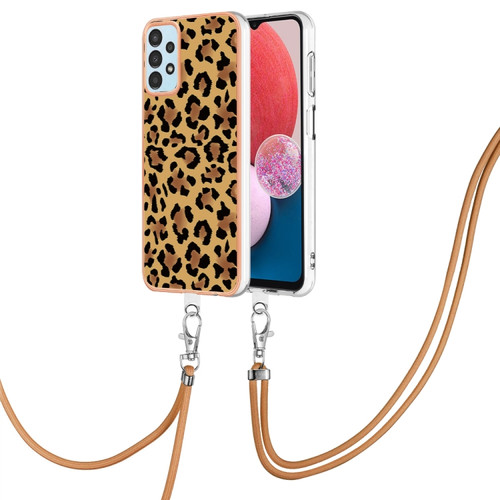 Samsung Galaxy A14 5G / 4G Electroplating Dual-side IMD Phone Case with Lanyard - Leopard Print