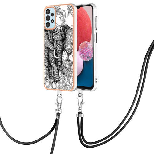 Samsung Galaxy A14 5G / 4G Electroplating Dual-side IMD Phone Case with Lanyard - Totem Elephant