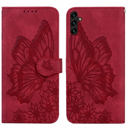 Samsung Galaxy A14 5G Retro Skin Feel Butterflies Embossing Horizontal Flip Leather Phone Case - Red
