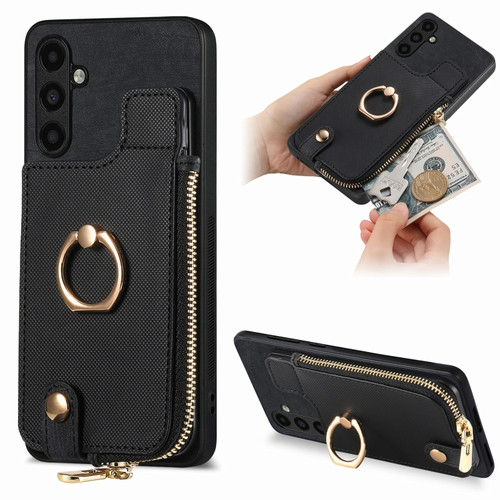Samsung Galaxy A54 5G Cross Leather Ring Vertical Zipper Wallet Back Phone Case - Black