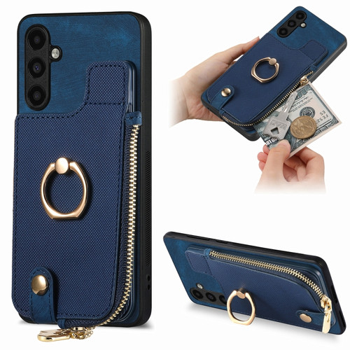 Samsung Galaxy A54 5G Cross Leather Ring Vertical Zipper Wallet Back Phone Case - Blue