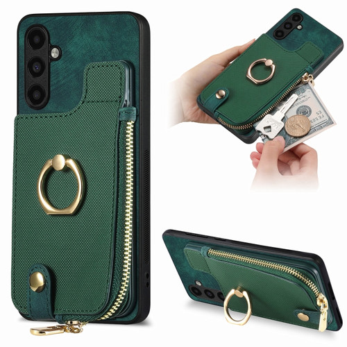 Samsung Galaxy A54 5G Cross Leather Ring Vertical Zipper Wallet Back Phone Case - Green