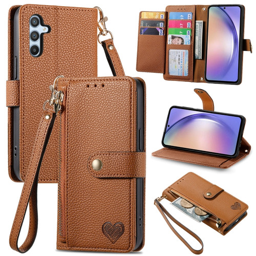 Samsung Galaxy A54 5G Love Zipper Lanyard Leather Phone Case - Brown