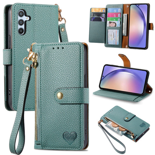 Samsung Galaxy A54 5G Love Zipper Lanyard Leather Phone Case - Green