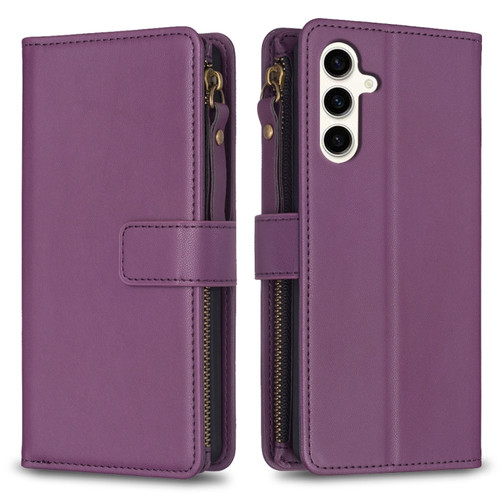 Samsung Galaxy S23 FE 5G 9 Card Slots Zipper Wallet Leather Flip Phone Case - Dark Purple
