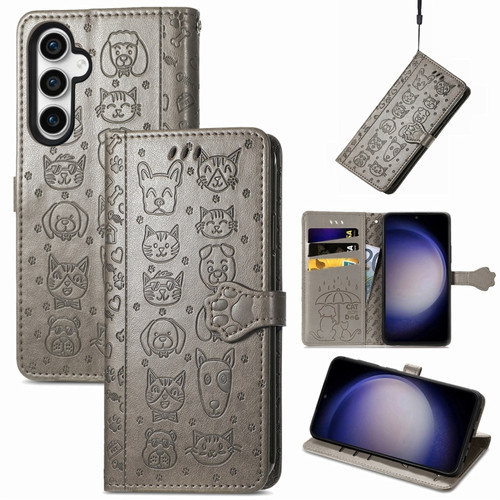 Samsung Galaxy S23 FE 5G Cat and Dog Embossed Leather Phone Case - Gray