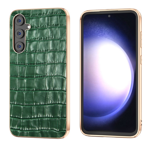 Samsung Galaxy S23 FE 5G Crocodile Texture Genuine Leather Electroplating Phone Case - Dark Green