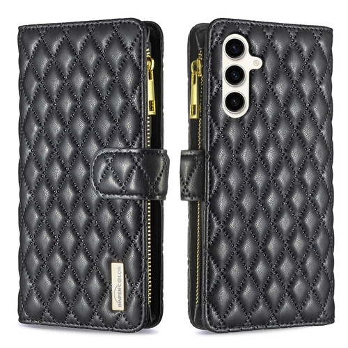 Samsung Galaxy S23 FE 5G Diamond Lattice Zipper Wallet Leather Flip Phone Case - Black