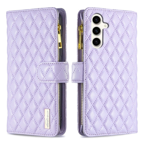 Samsung Galaxy S23 FE 5G Diamond Lattice Zipper Wallet Leather Flip Phone Case - Purple