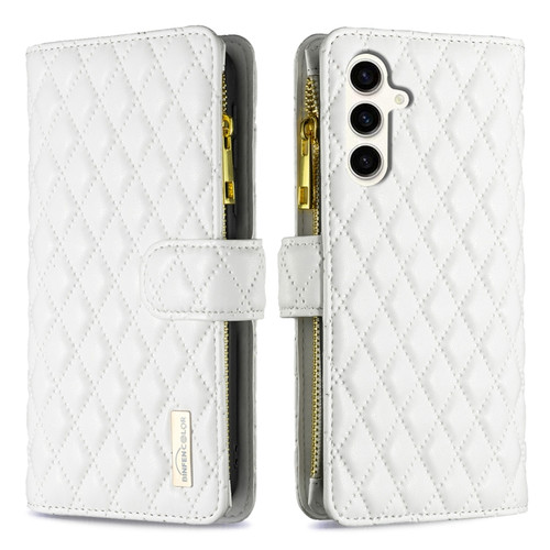Samsung Galaxy S23 FE 5G Diamond Lattice Zipper Wallet Leather Flip Phone Case - White