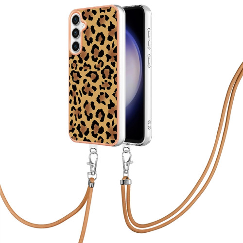 Samsung Galaxy S23 FE 5G Electroplating Dual-side IMD Phone Case with Lanyard - Leopard Print