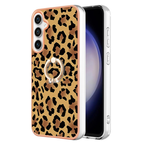 Samsung Galaxy S23 FE 5G Electroplating Dual-side IMD Phone Case with Ring Holder - Leopard Print