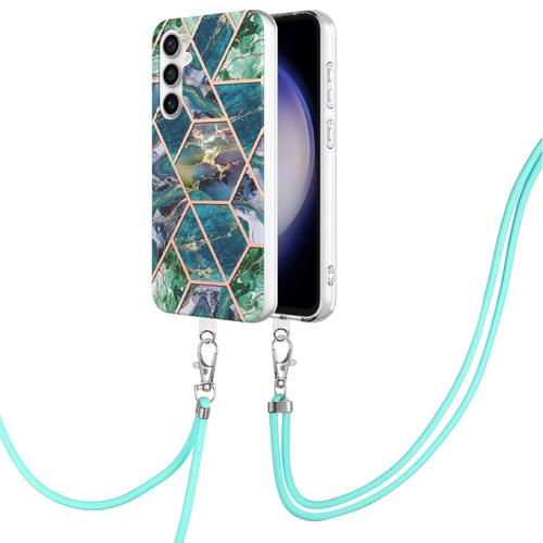 Samsung Galaxy S23 FE 5G Electroplating IMD Splicing Dual-side Marble TPU Phone Case with Lanyard - Blue Green