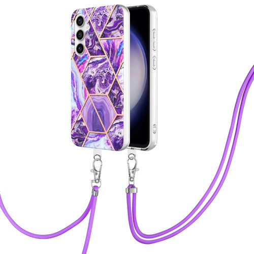 Samsung Galaxy S23 FE 5G Electroplating IMD Splicing Dual-side Marble TPU Phone Case with Lanyard - Dark Purple