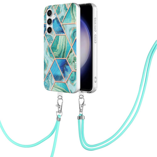 Samsung Galaxy S23 FE 5G Electroplating IMD Splicing Dual-side Marble TPU Phone Case with Lanyard - Green