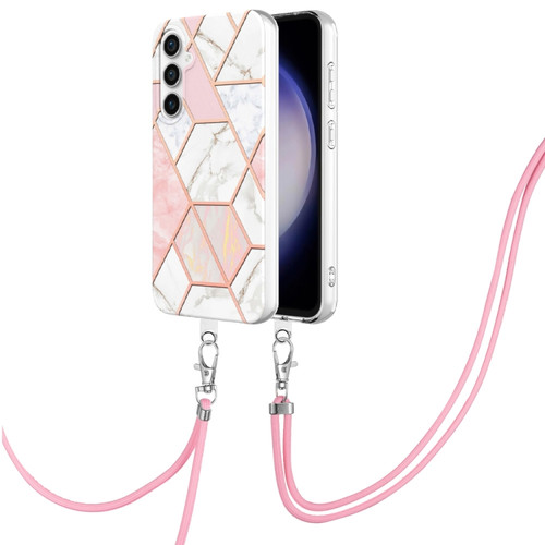 Samsung Galaxy S23 FE 5G Electroplating IMD Splicing Dual-side Marble TPU Phone Case with Lanyard - Pink White