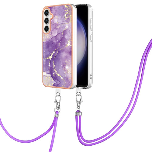 Samsung Galaxy S23 FE 5G Electroplating Marble Dual-side IMD Phone Case with Lanyard - Purple 002