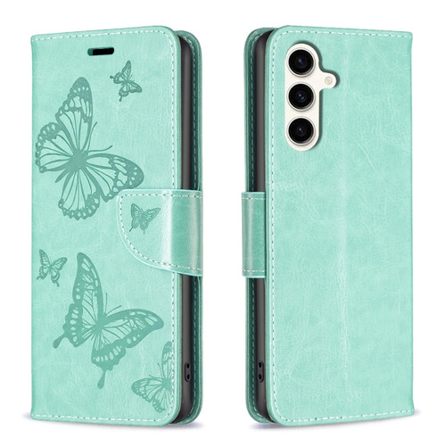 Samsung Galaxy S23 FE 5G Embossing Two Butterflies Pattern Leather Phone Case - Green