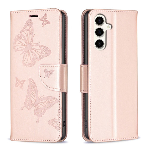 Samsung Galaxy S23 FE 5G Embossing Two Butterflies Pattern Leather Phone Case - Rose Gold