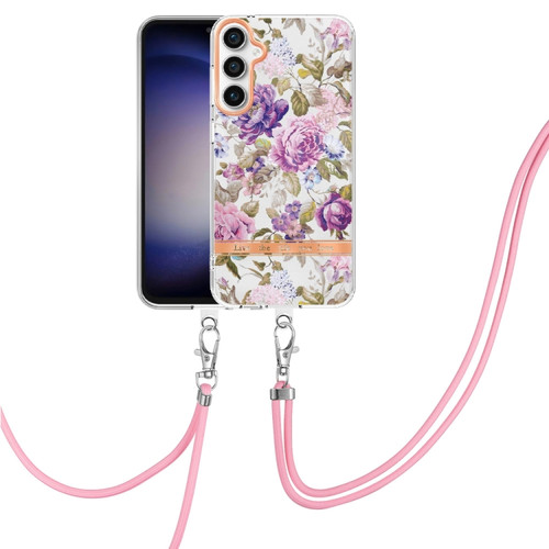 Samsung Galaxy S23 FE 5G Flowers and Plants Series IMD TPU Phone Case with Lanyard - Purple Peony