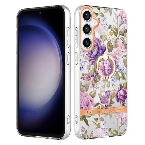 Samsung Galaxy S23 FE 5G Flowers and Plants Series IMD TPU Phone Case with Ring Holder - Purple Peony