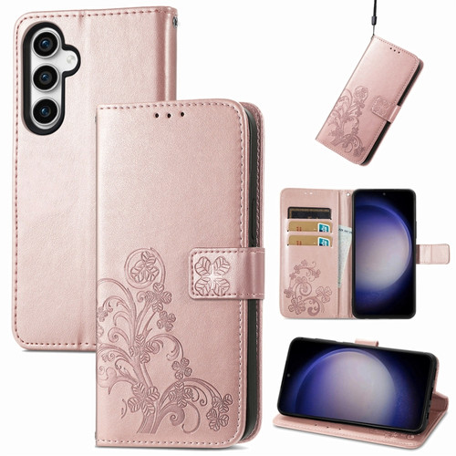 Samsung Galaxy S23 FE 5G Four-leaf Clasp Embossed Buckle Leather Phone Case - Rose Gold