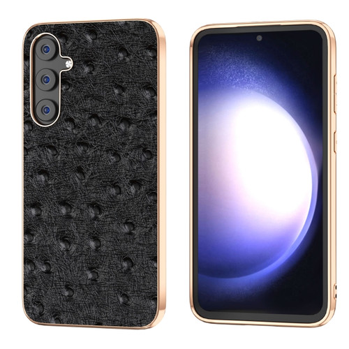 Samsung Galaxy S23 FE 5G Genuine Leather Ostrich Texture Series Nano Plating Phone Case - Black