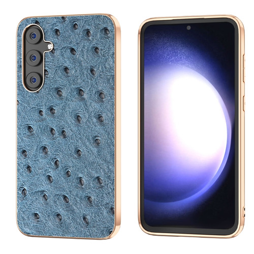 Samsung Galaxy S23 FE 5G Genuine Leather Ostrich Texture Series Nano Plating Phone Case - Blue