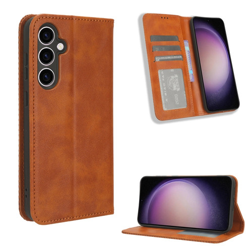 Samsung Galaxy S23 FE 5G Magnetic Buckle Retro Texture Leather Phone Case - Brown