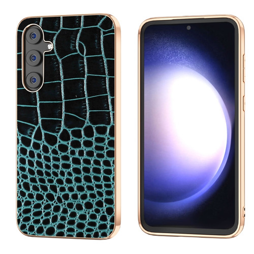 Samsung Galaxy S23 FE 5G Nano Plating Genuine Leather Crocodile Pattern Phone Case - Blue