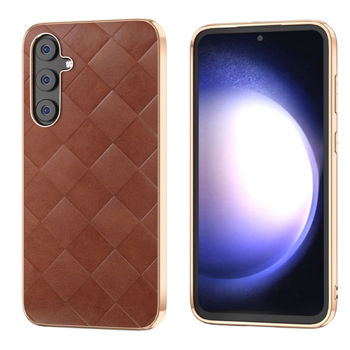 Samsung Galaxy S23 FE 5G Nano Plating Weave Plaid Texture PU Phone Case - Brown