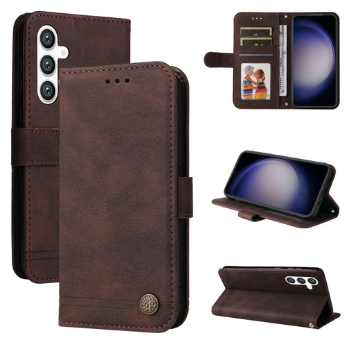 Samsung Galaxy S23 FE 5G Skin Feel Life Tree Metal Button Leather Phone Case - Brown