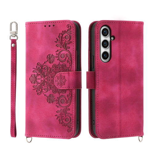 Samsung Galaxy S23 FE 5G Skin-feel Flowers Embossed Wallet Leather Phone Case - Wine Red