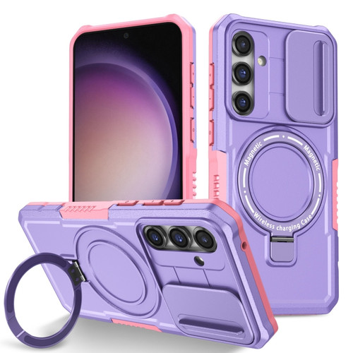 Samsung Galaxy S23 FE 5G Sliding Camshield Magsafe Holder TPU Hybrid PC Phone Case - Pink Purple