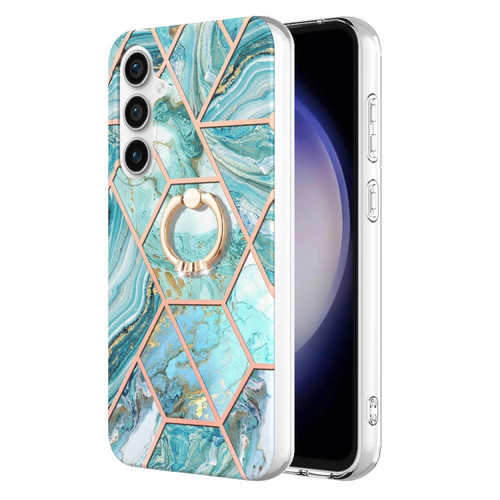 Samsung Galaxy S23 FE 5G Splicing Marble Flower IMD TPU Phone Case Ring Holder - Blue