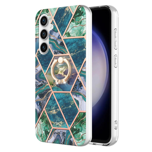 Samsung Galaxy S23 FE 5G Splicing Marble Flower IMD TPU Phone Case Ring Holder - Blue Green