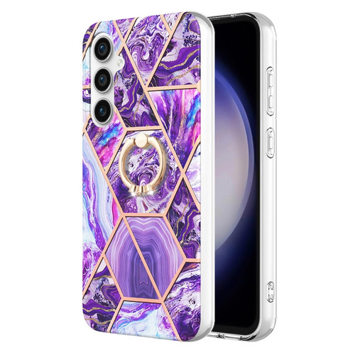 Samsung Galaxy S23 FE 5G Splicing Marble Flower IMD TPU Phone Case Ring Holder - Dark Purple