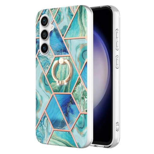 Samsung Galaxy S23 FE 5G Splicing Marble Flower IMD TPU Phone Case Ring Holder - Green