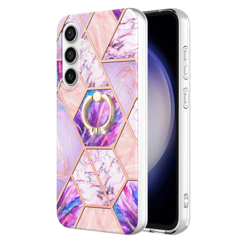 Samsung Galaxy S23 FE 5G Splicing Marble Flower IMD TPU Phone Case Ring Holder - Light Purple