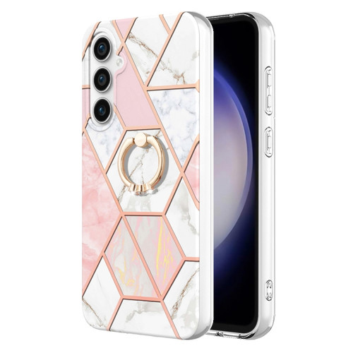 Samsung Galaxy S23 FE 5G Splicing Marble Flower IMD TPU Phone Case Ring Holder - Pink White