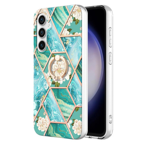 Samsung Galaxy S23 FE 5G Splicing Marble Flower IMD TPU Phone Case with Ring Holder - Blue Flower