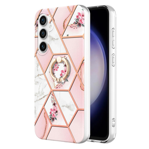 Samsung Galaxy S23 FE 5G Splicing Marble Flower IMD TPU Phone Case with Ring Holder - Pink Flower