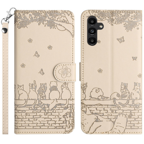Samsung Galaxy S23 FE Cat Embossing Pattern Leather Phone Case with Lanyard - Beige